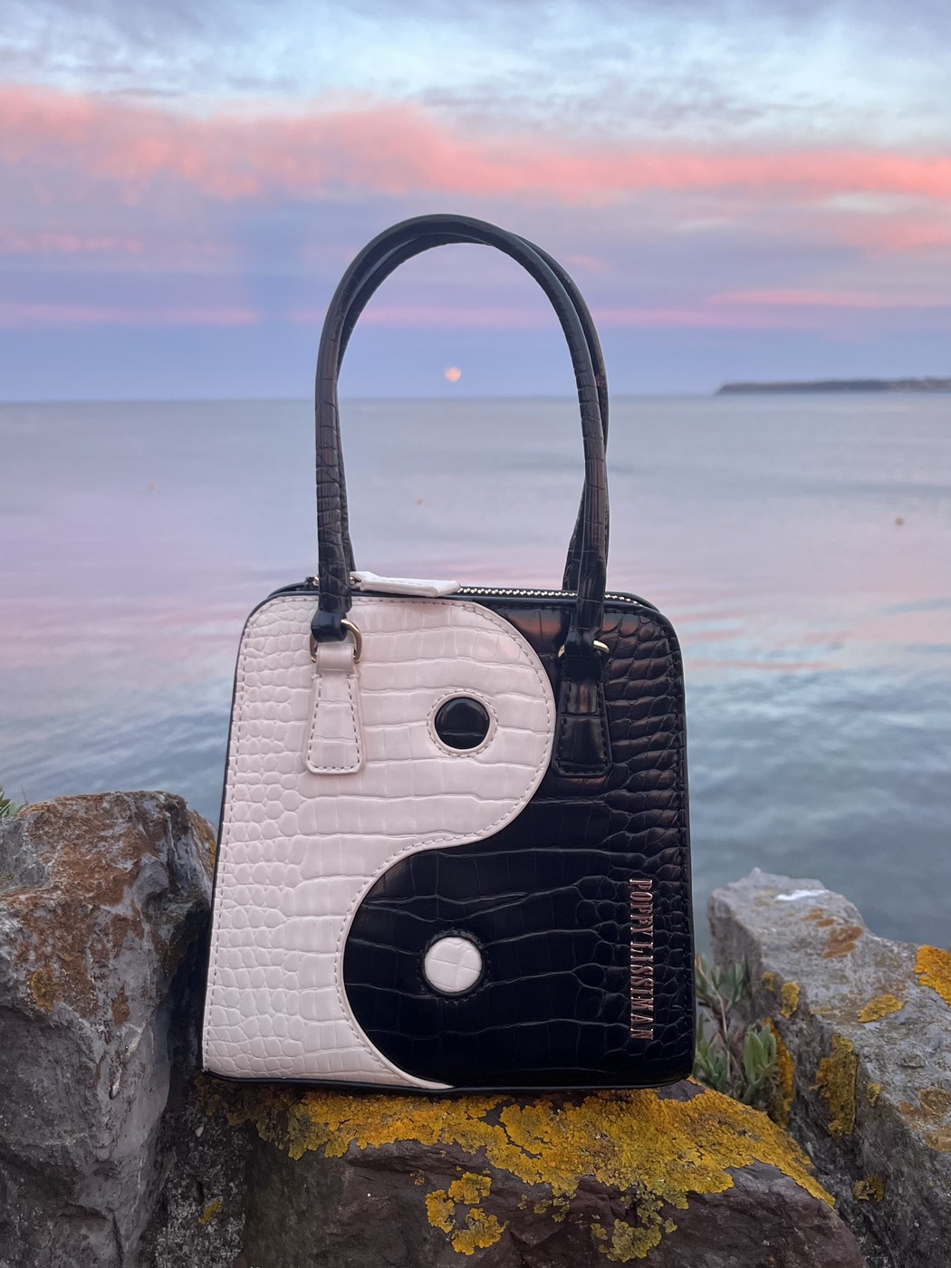 Poppy Lissiman black and white croc yin-yang evening bag