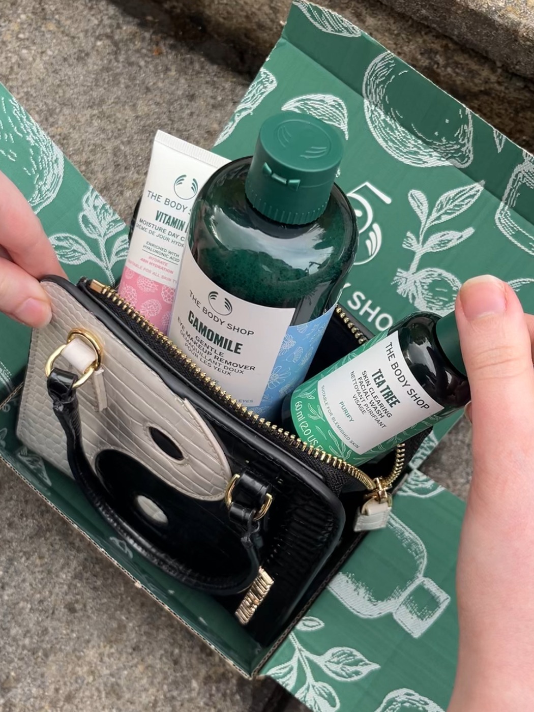 The Body Shop tea tree facial wash, camomile eye makeup remover and vitamin E day cream