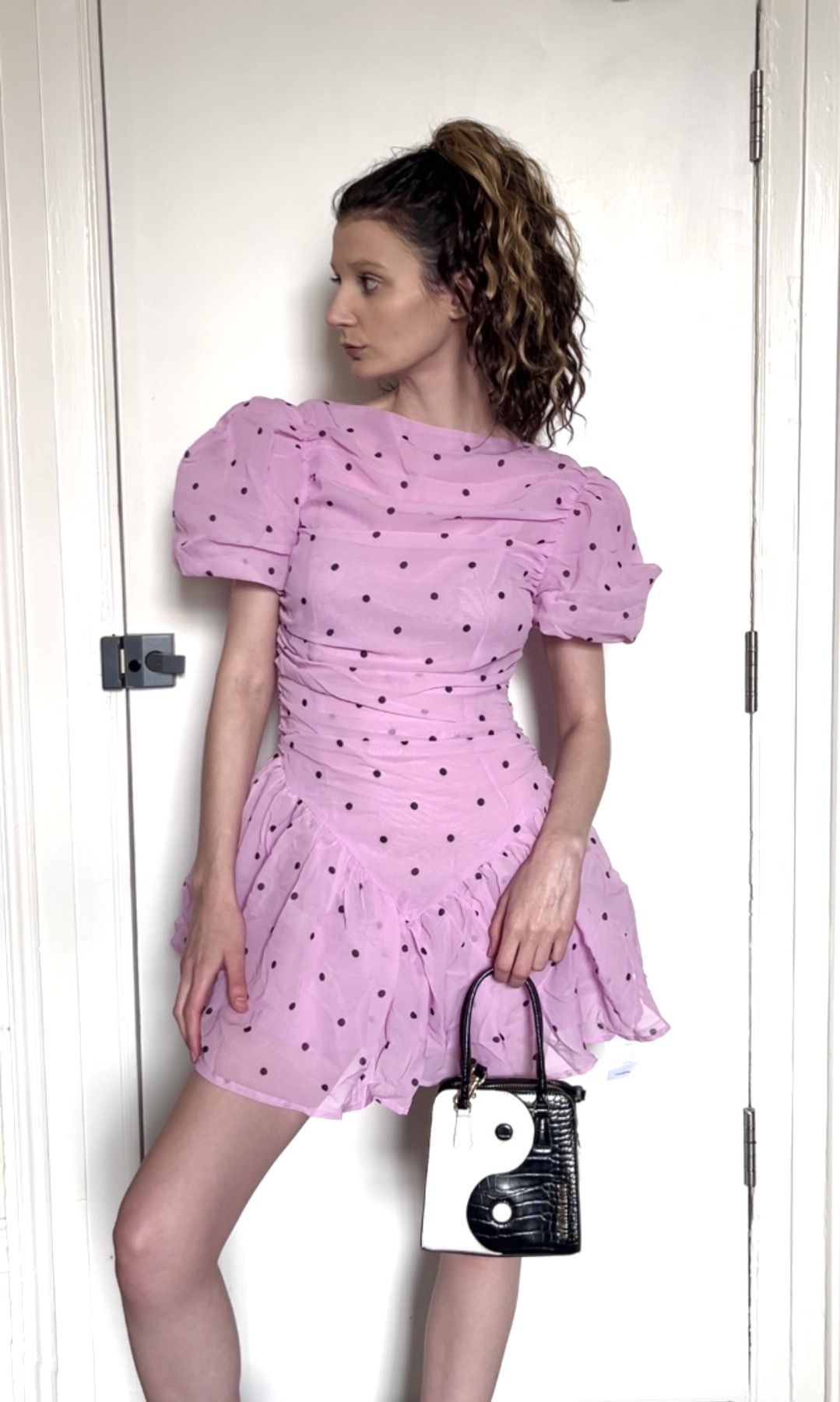 PLT lilac polka dot puff sleeve mini dress