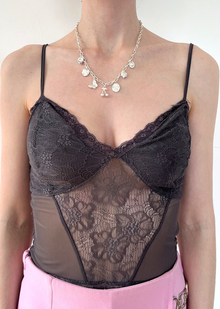 Grey lace and mesh corset style bodysuit