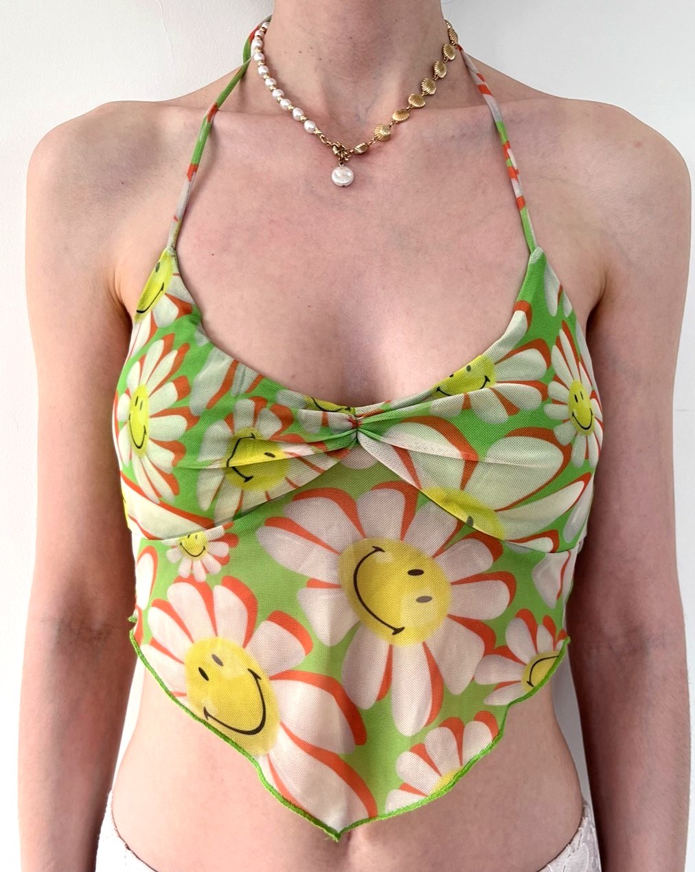 Bershka daisy smiley face halter top