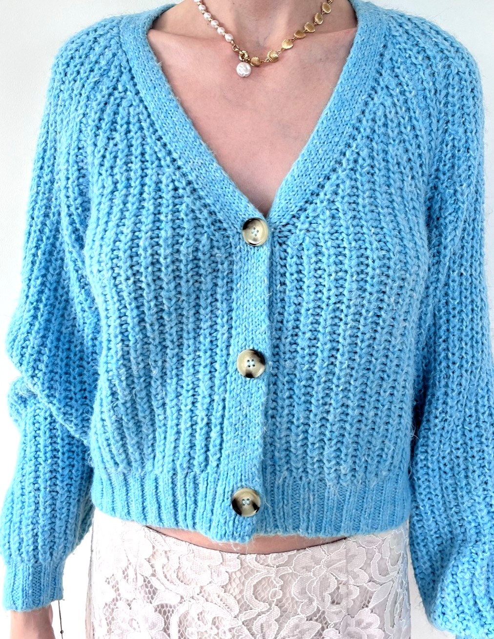 Sky blue chunky knit cropped cardigan