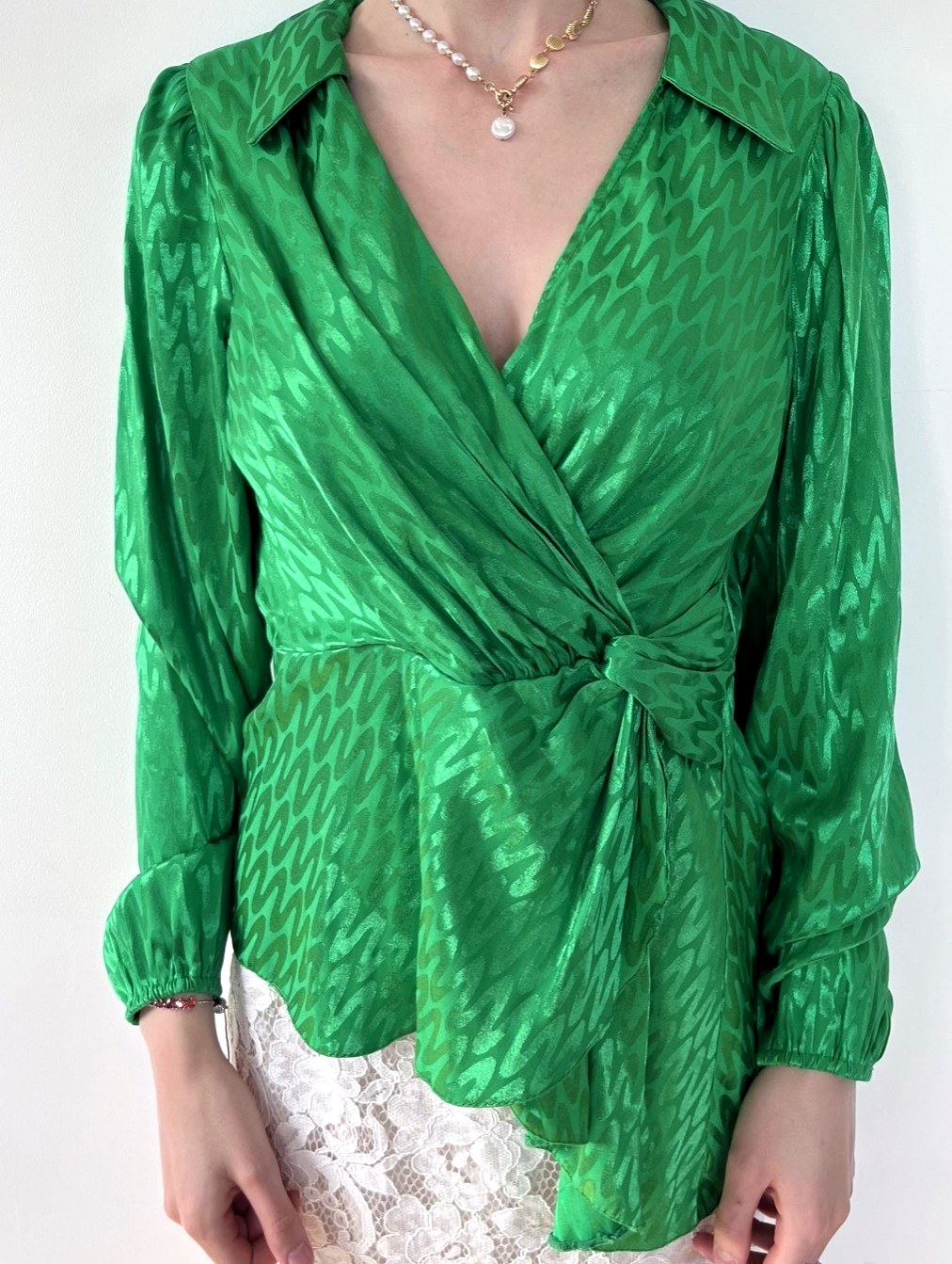Emerald green jacquard wrap blouse