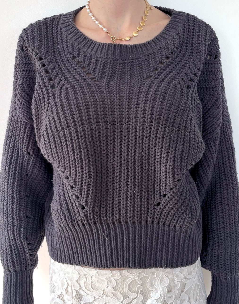 Charcoal eyelet knit crop sweater