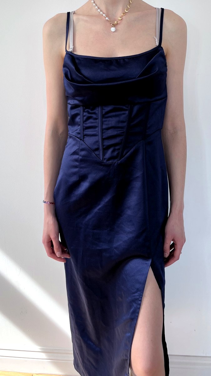 Navy satin corset midi dress with side split