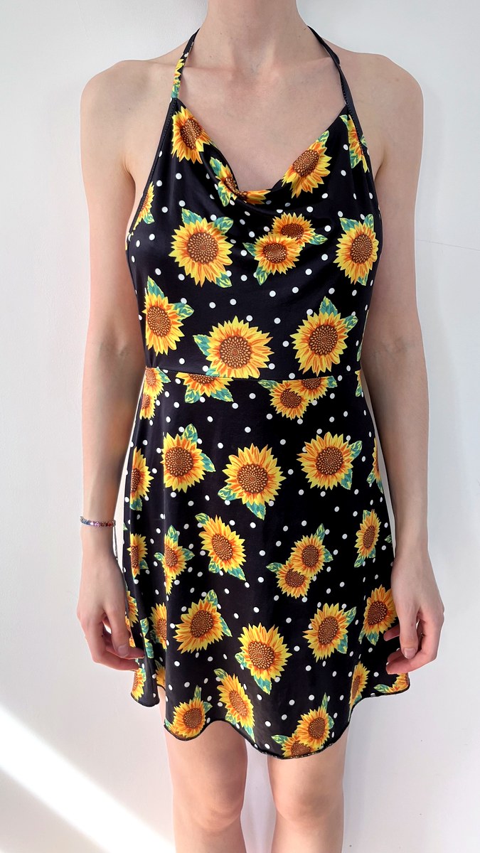Black sunflower and polka dot halter mini dress