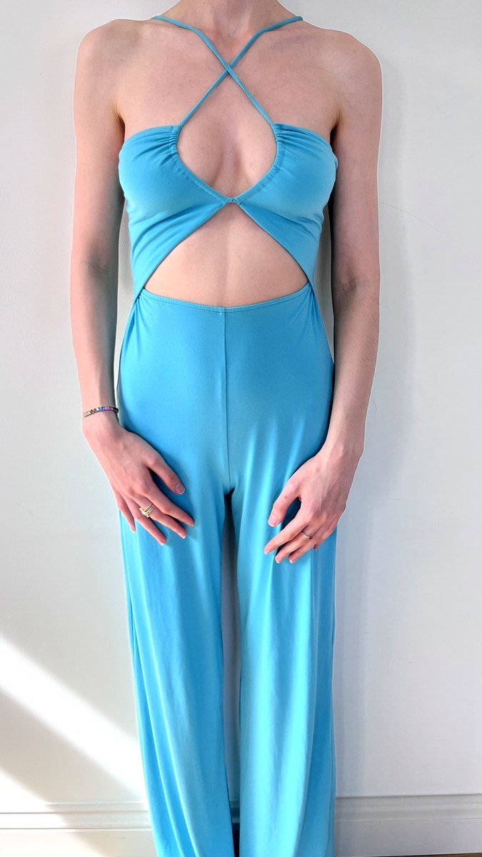 Bright blue cut-out halter jumpsuit
