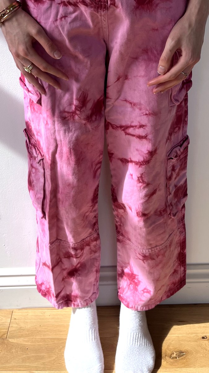 Pink tie-dye satin cargo trousers