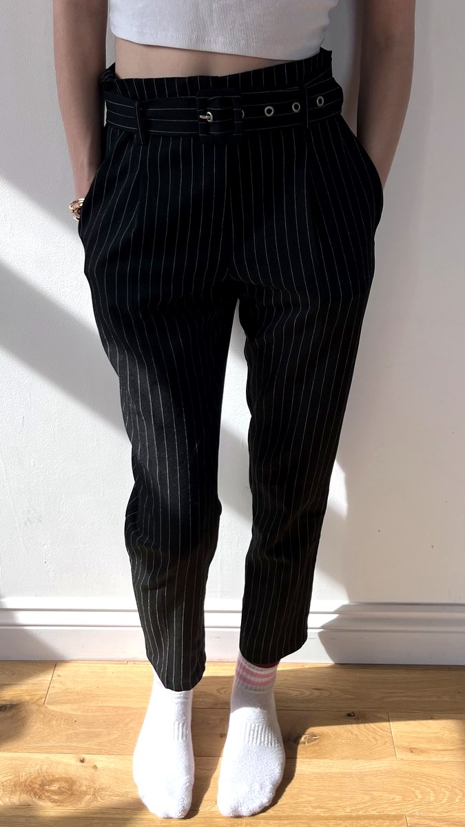Black pinstripe high waist tailored trousers