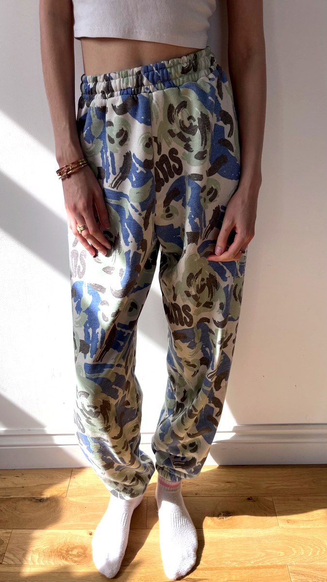 Blue and khaki camo print jogger sweatpants