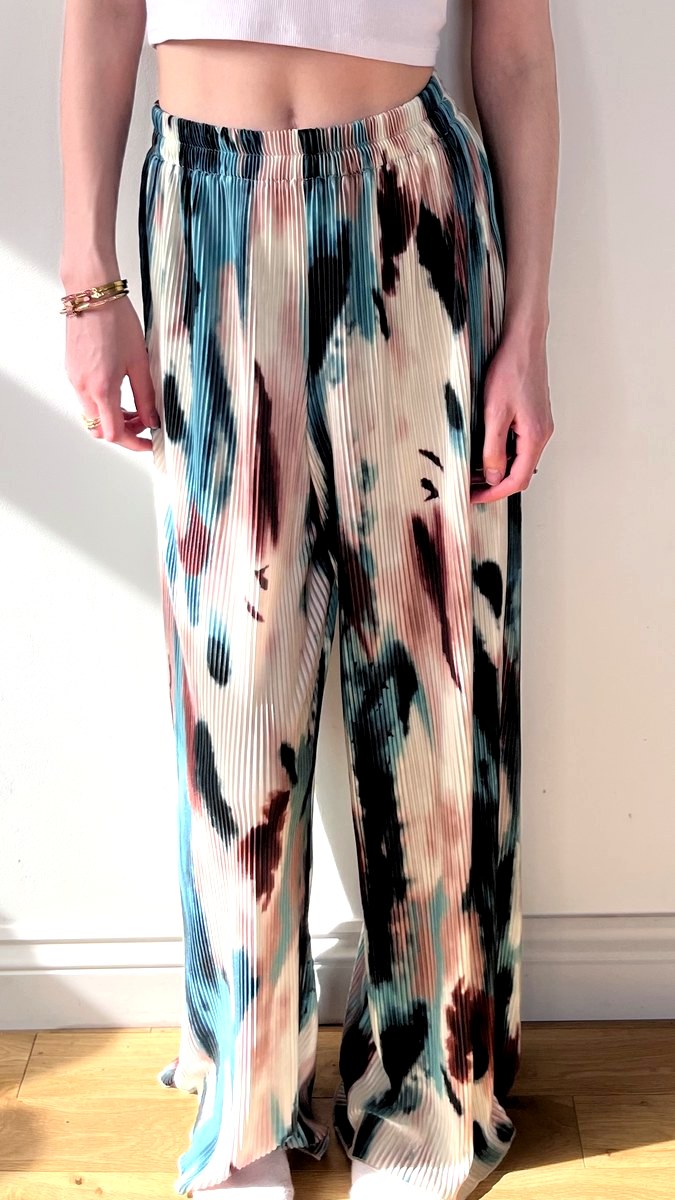 Wide leg palazzo trousers in blue and brown abstract tie-dye print