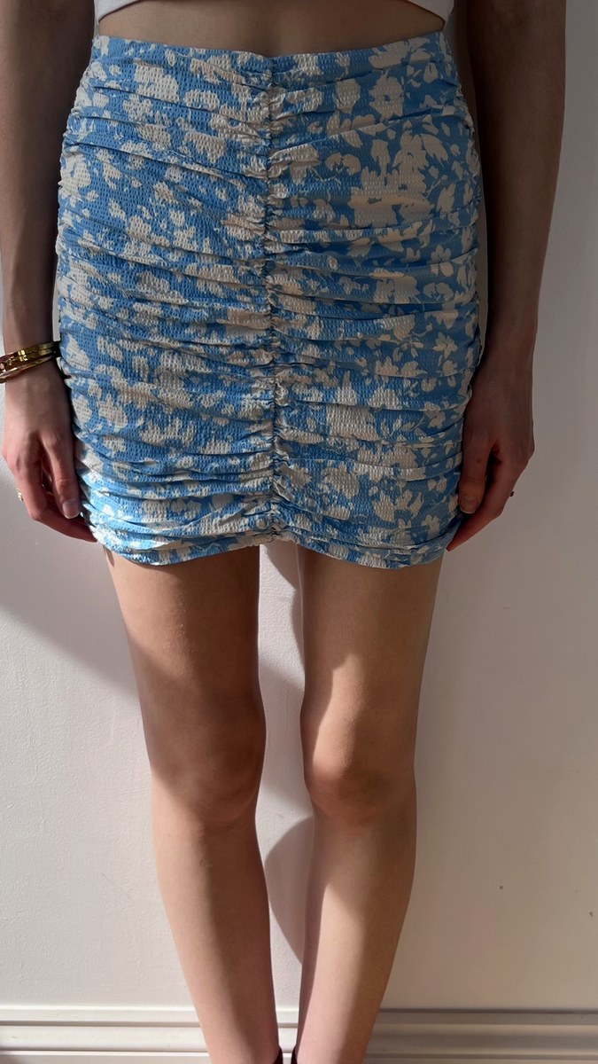 Blue and cream floral ruched mini skirt