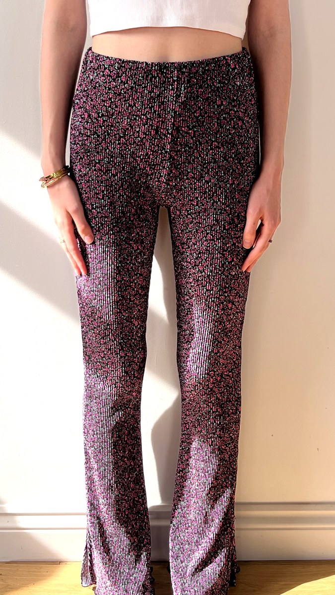 Pink and black floral high-waist flare trousers