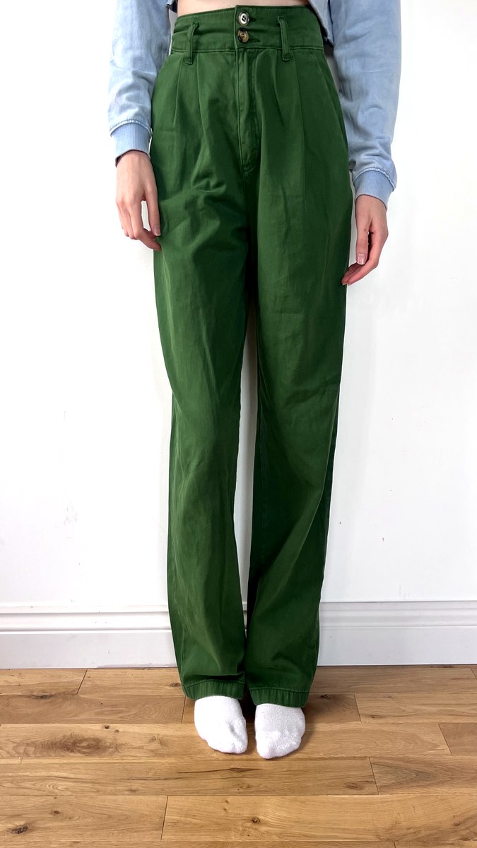 Green high-waist straight leg trousers with double button