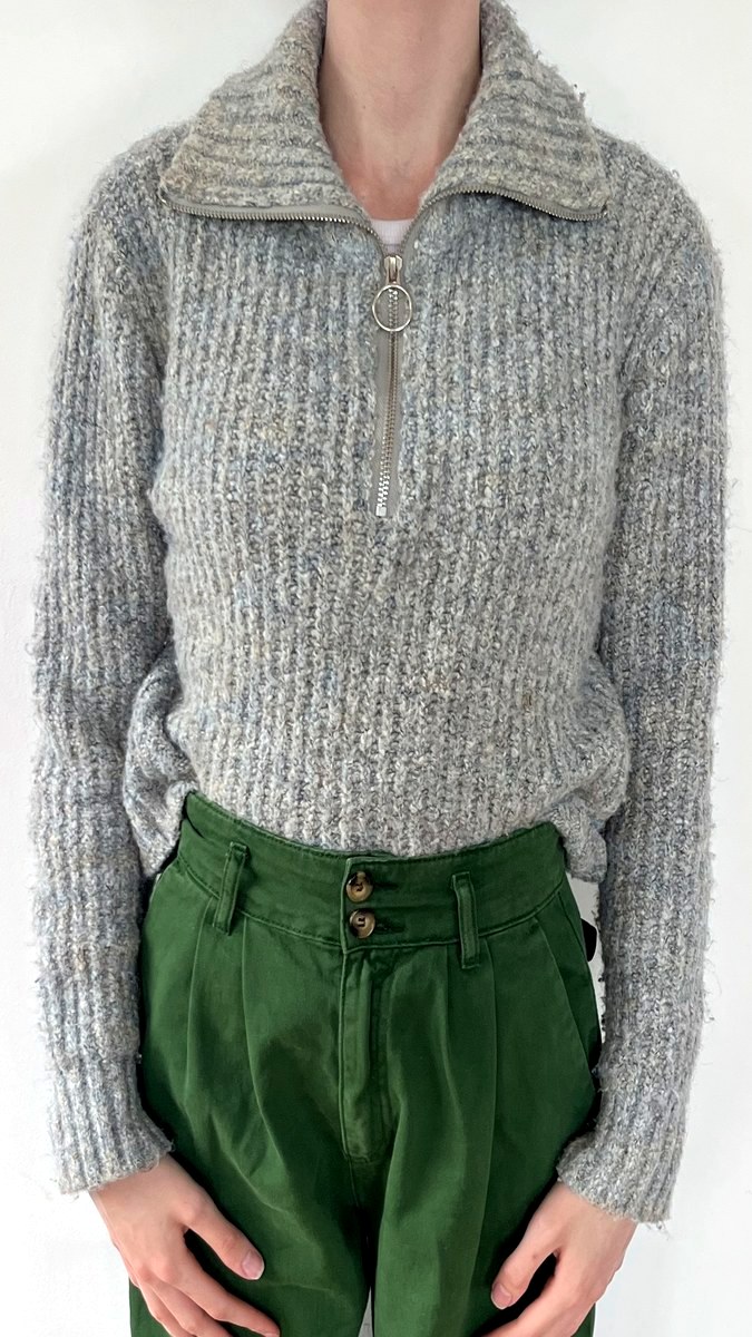 Chunky wooly grey 3/4 zip knitted jumper with ribbed collar
