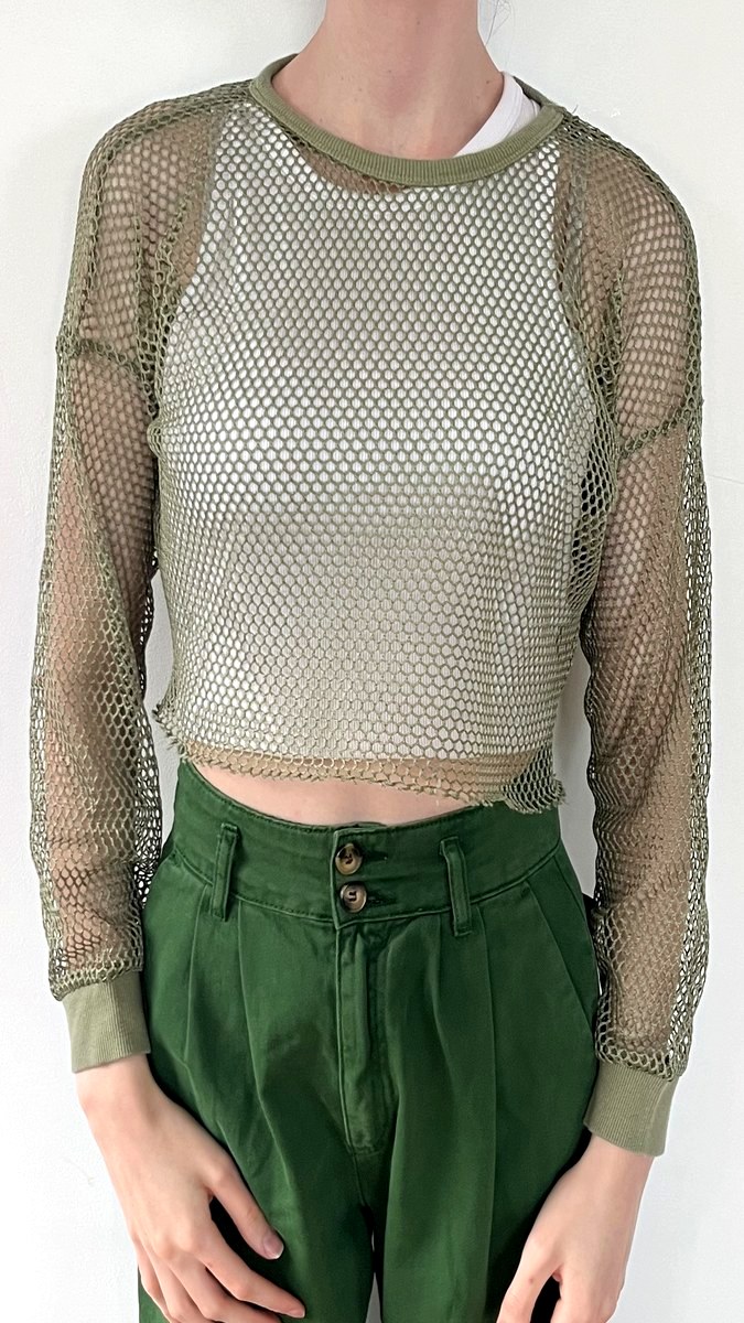 Olive green fishnet mesh long-sleeve crop top
