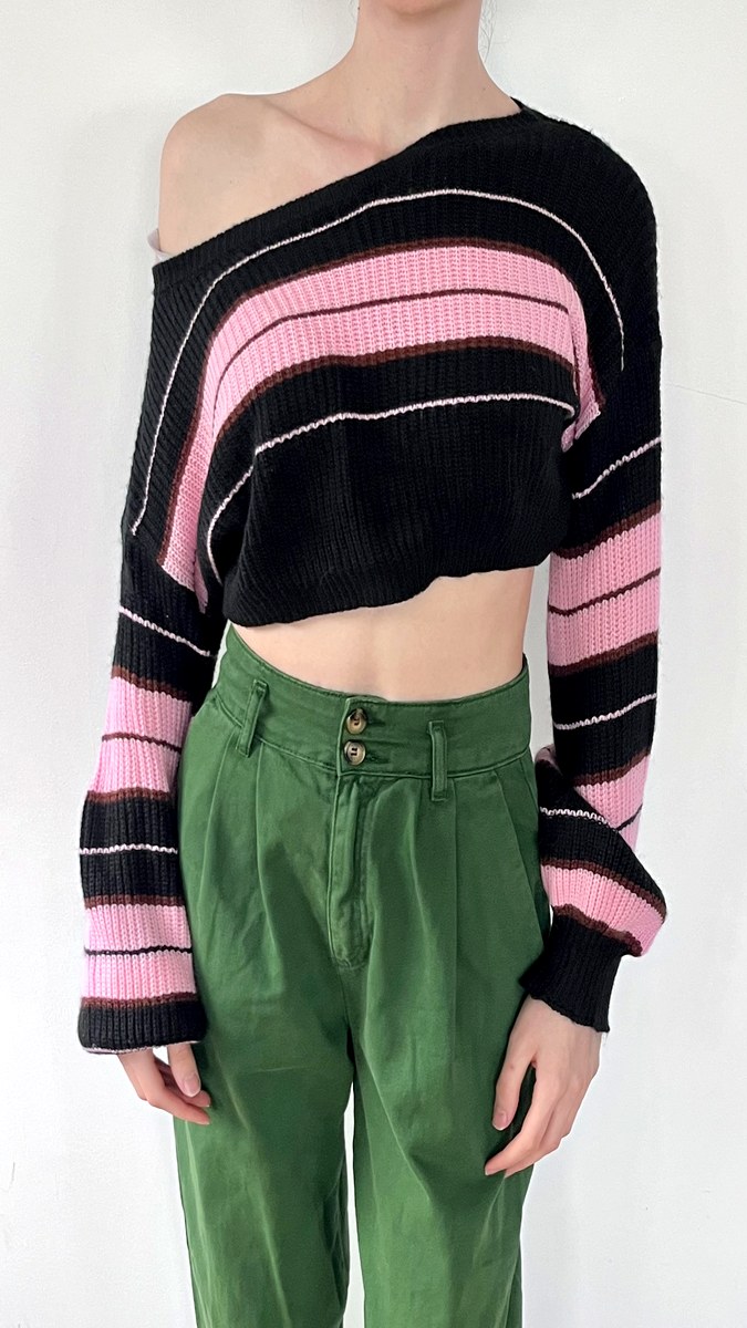 Striped off-shoulder cropped knit sweater in black and pink