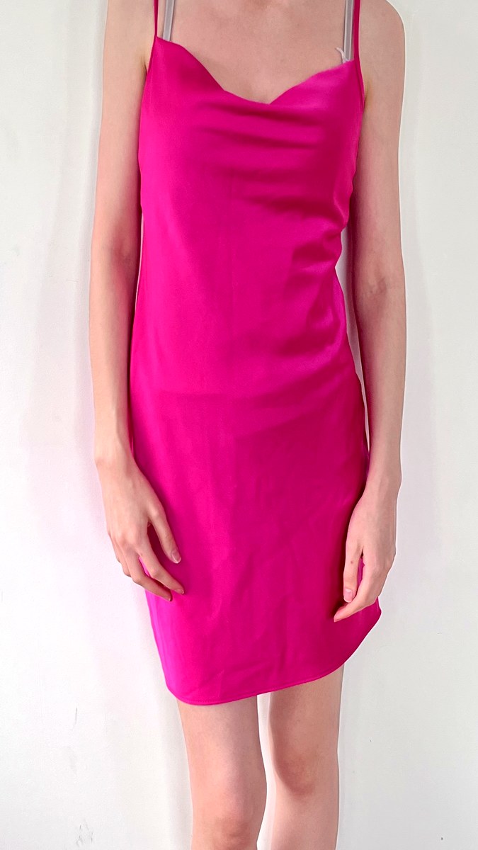 Fuchsia satin cowl-neck slip mini dress with crystal strap detail