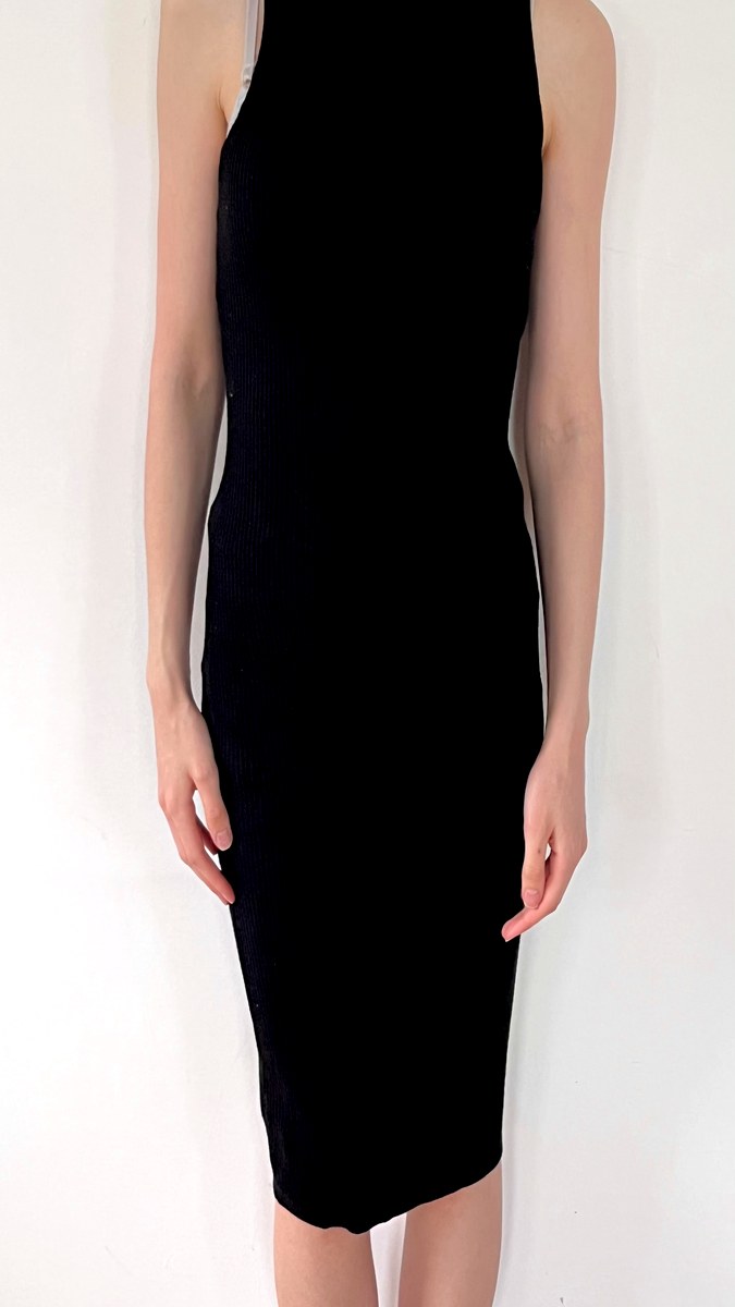 Sleek black sleeveless mock-neck bodycon midi dress