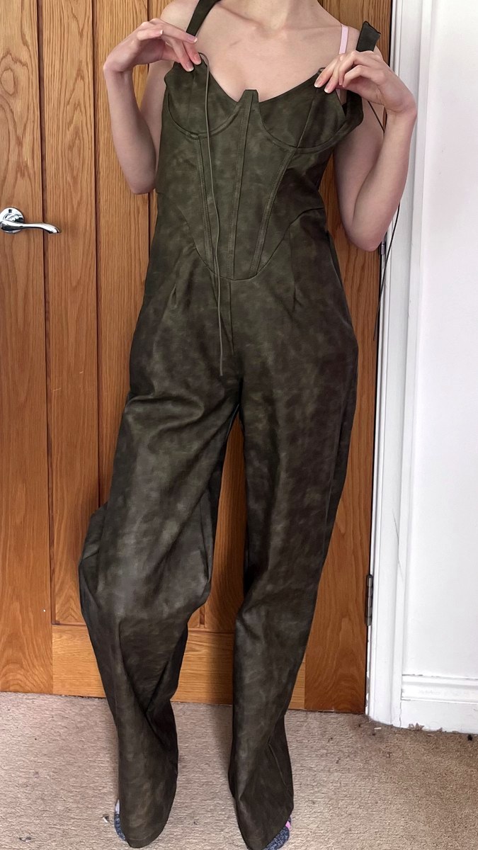 Washed khaki corset bust wide leg jumpsuit